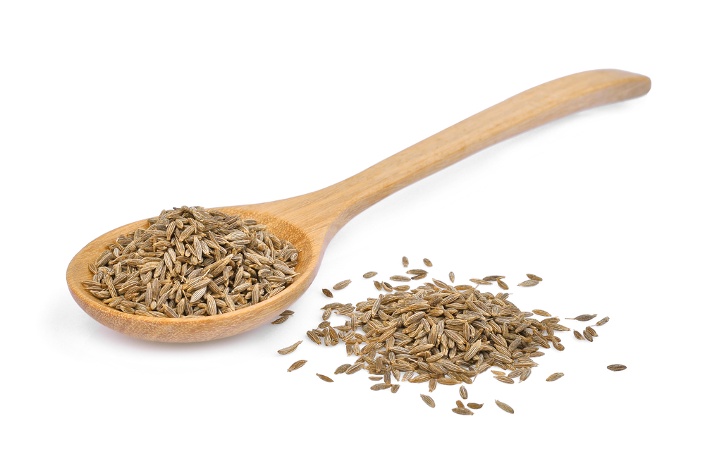 dried cumin seed or caraway in wooden spoon