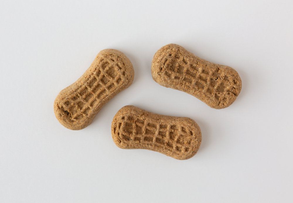 Top view of three small peanut butter flavored dog snacks on a white background